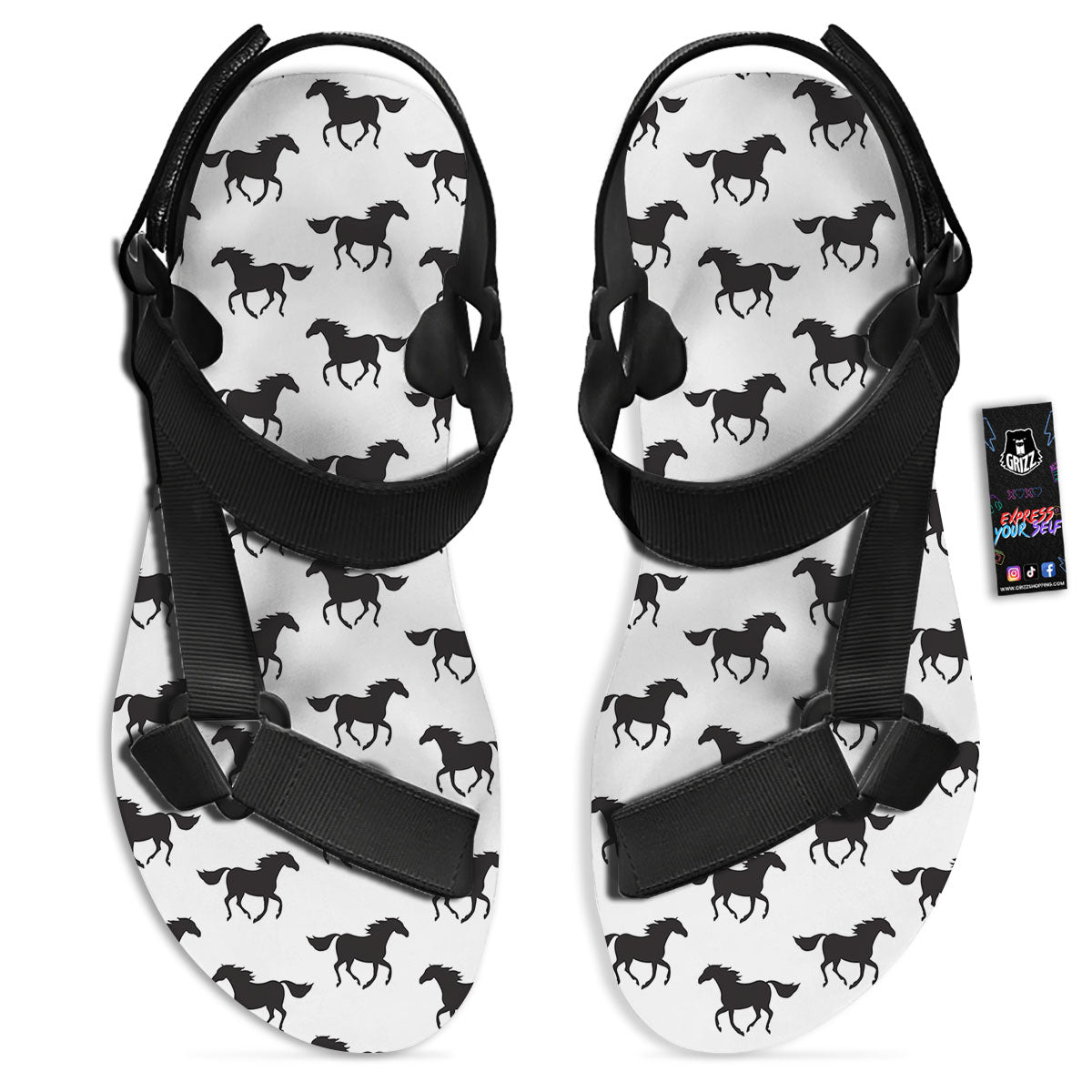 Horse White And Black Print Pattern Black Open Toe Sandals-grizzshop