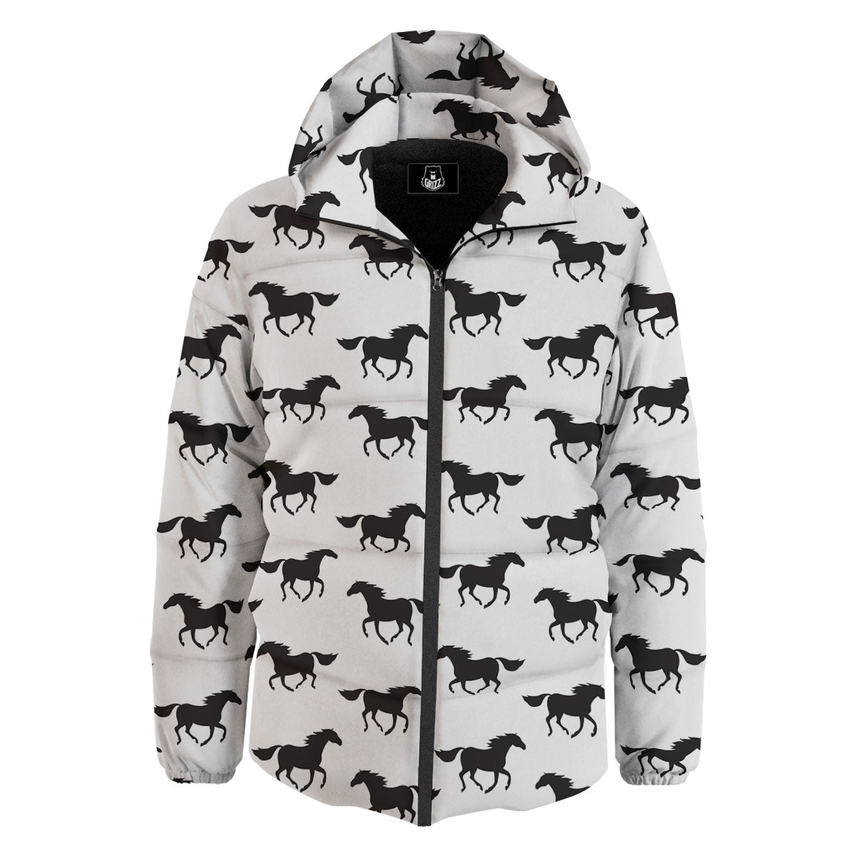 Horse White And Black Print Pattern Down Jacket-grizzshop