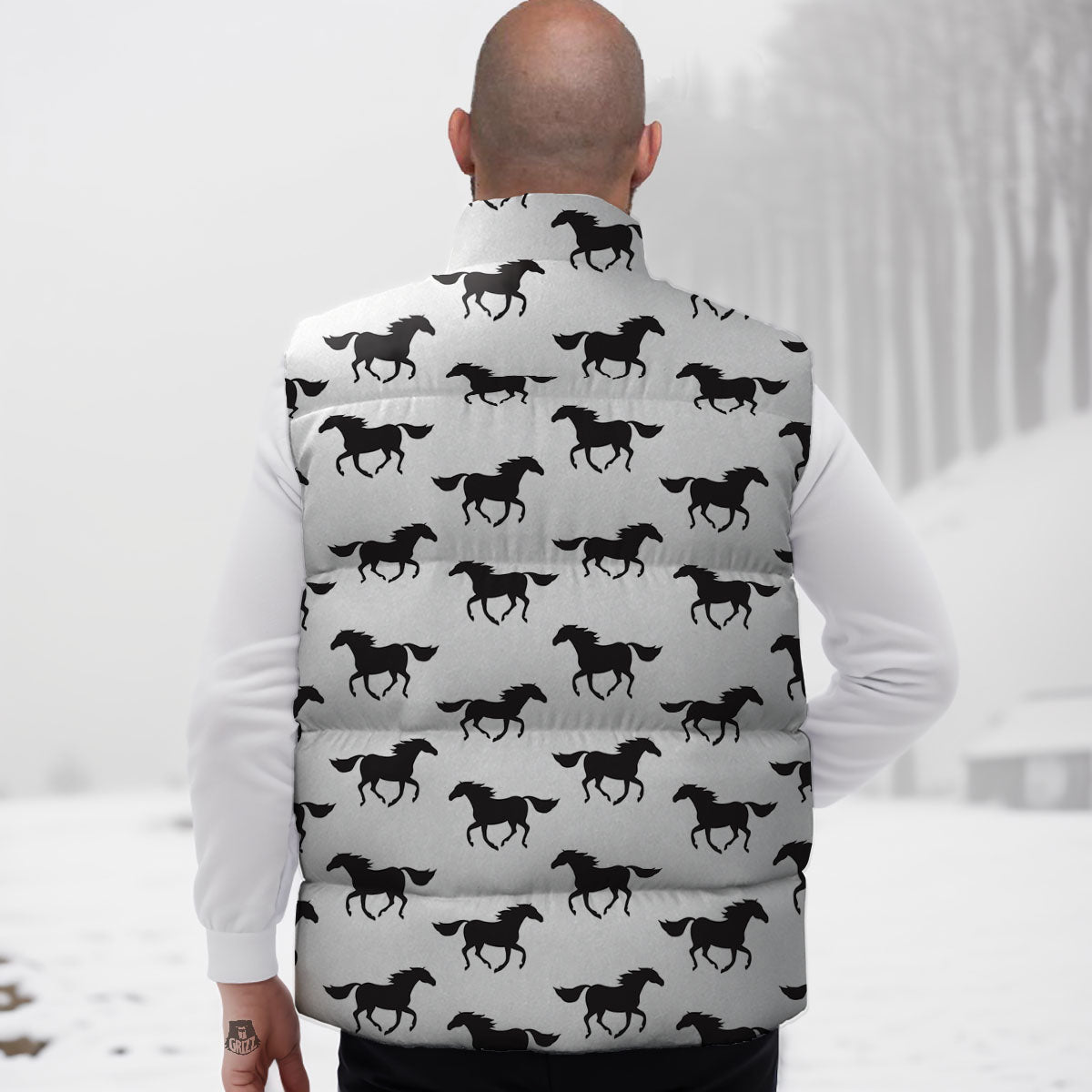 Horse White And Black Print Pattern Down Vest
