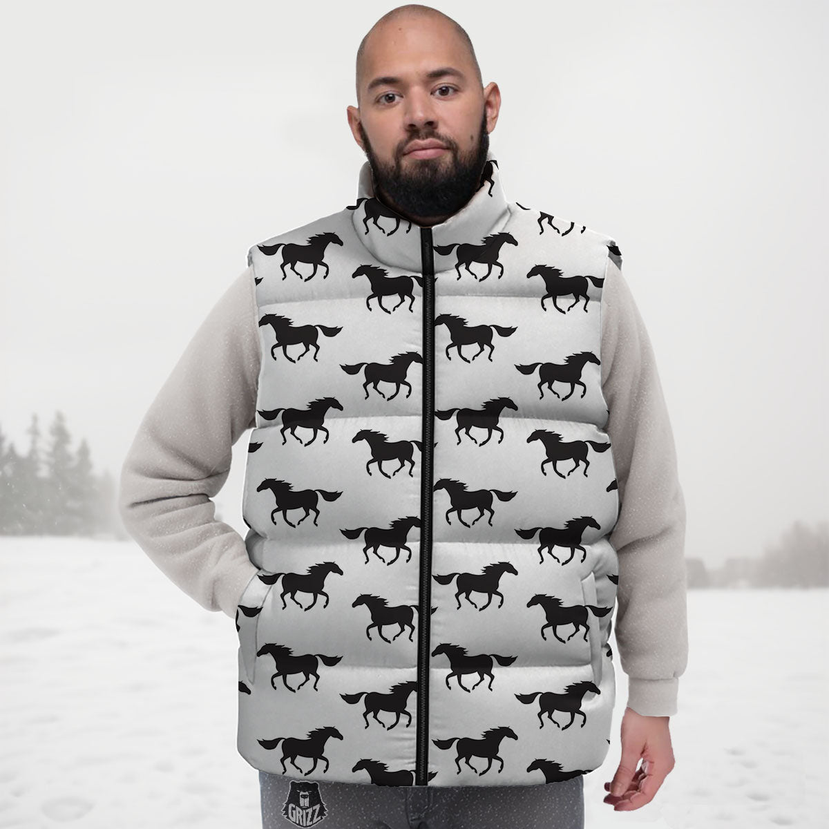 Horse White And Black Print Pattern Down Vest