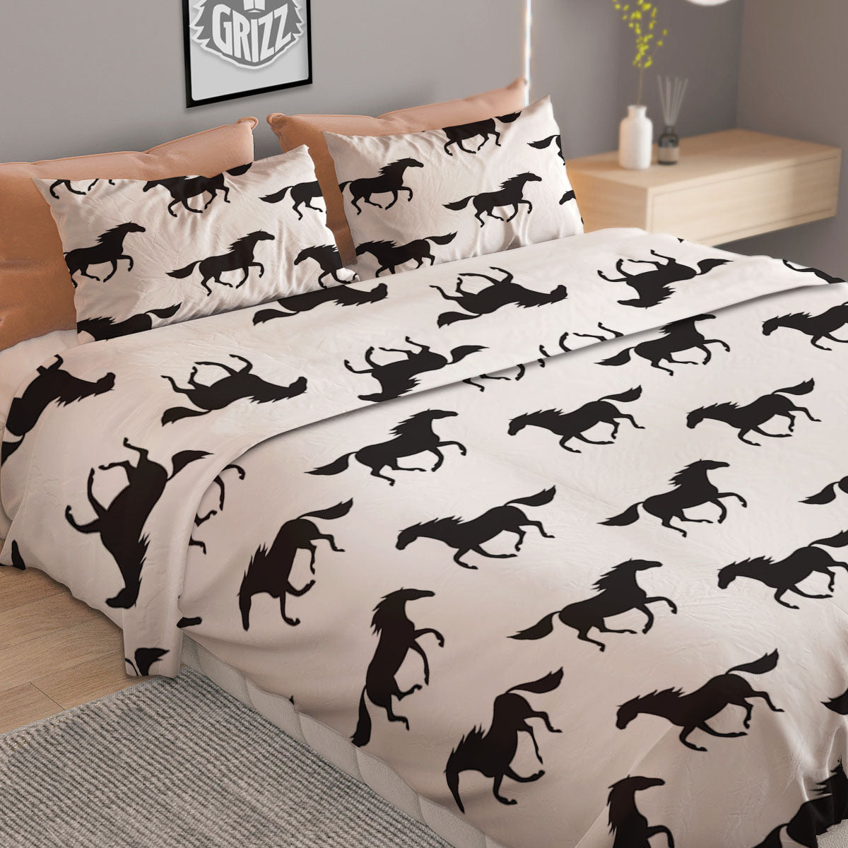 Horse White And Black Print Pattern Duvet Cover Bedding Set