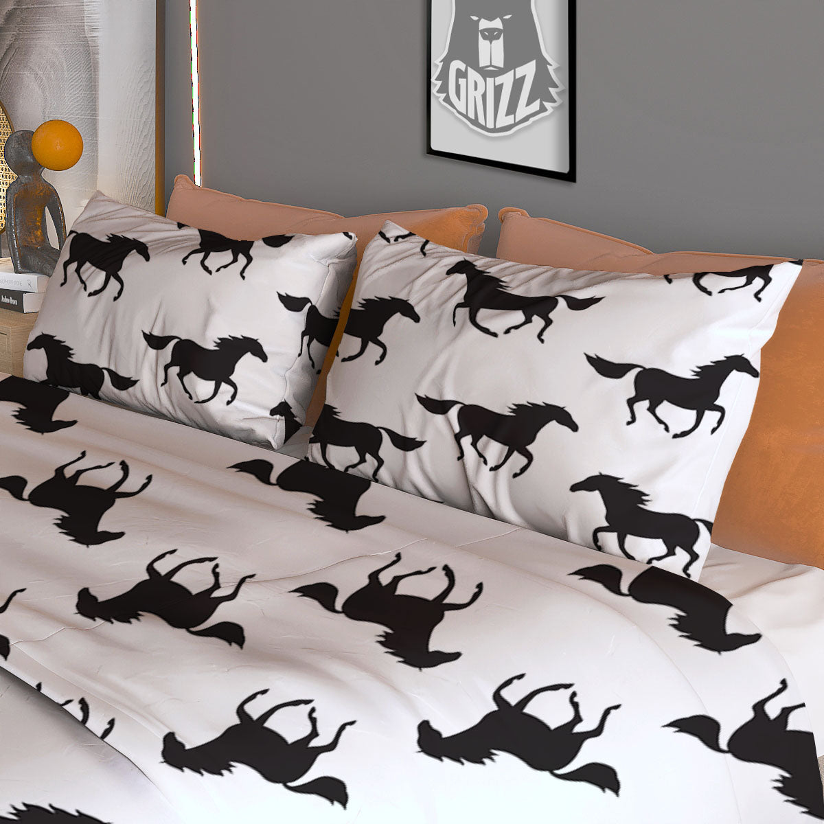 Horse White And Black Print Pattern Duvet Cover Bedding Set