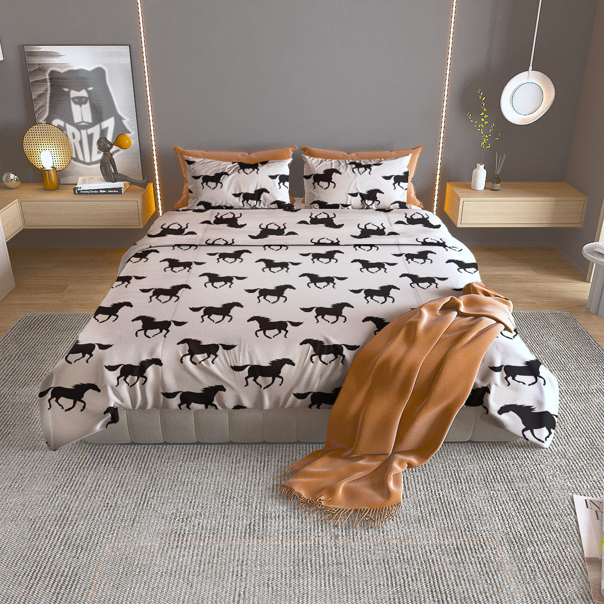 Horse White And Black Print Pattern Duvet Cover Bedding Set