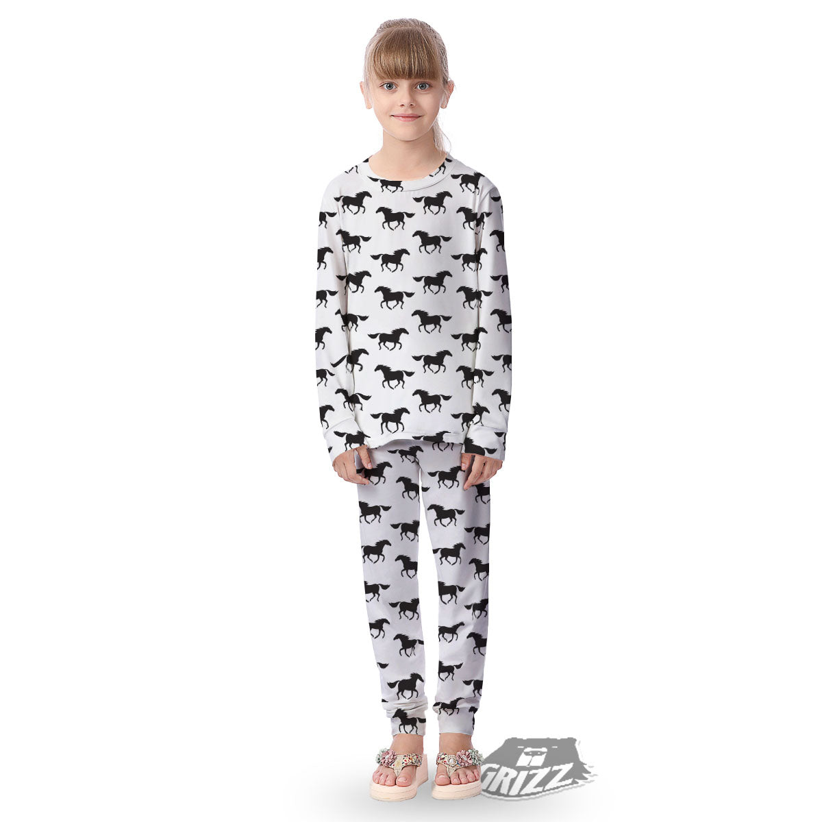 Horse White And Black Print Pattern Kid's Pajamas-grizzshop