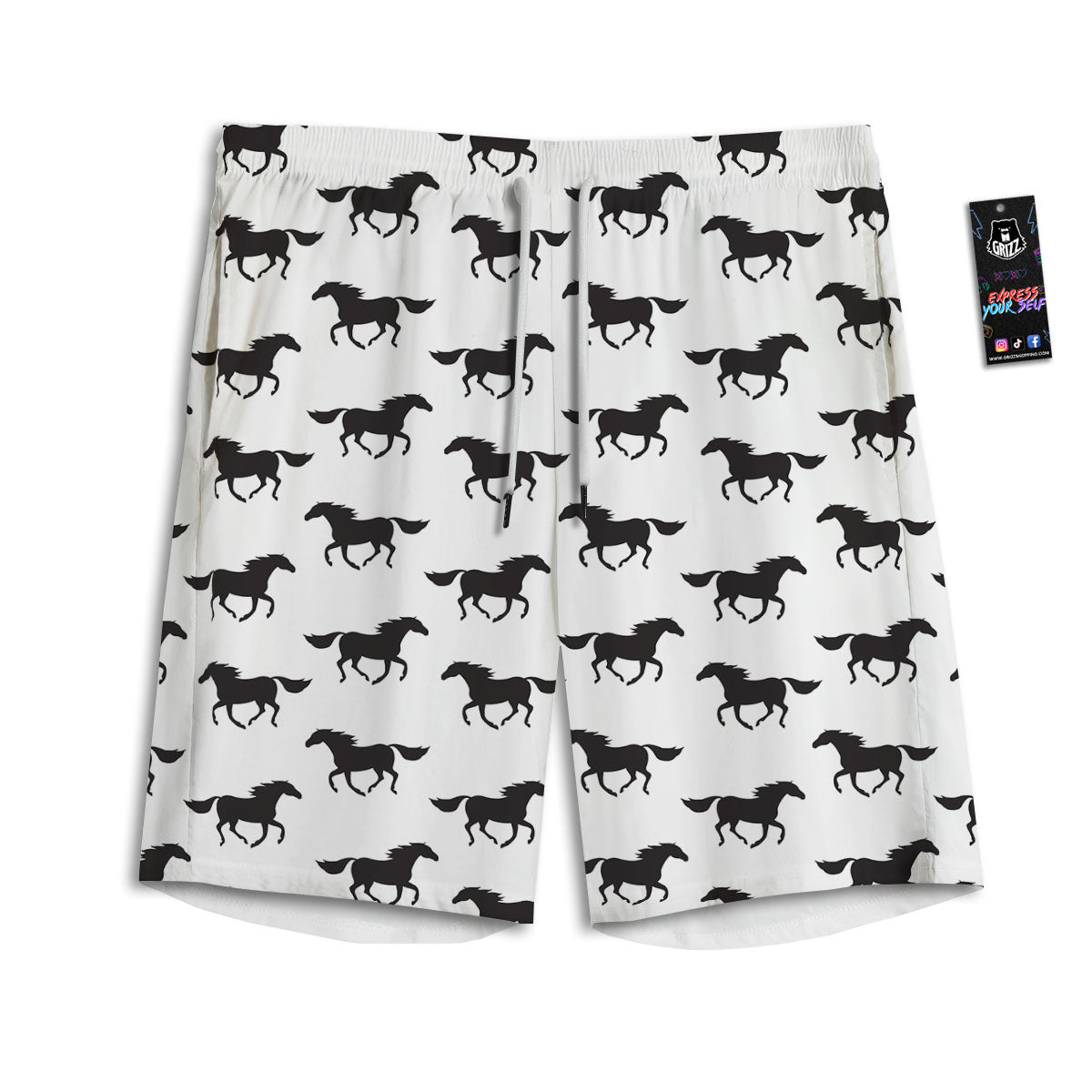 Horse White And Black Print Pattern Men's Athletic Shorts