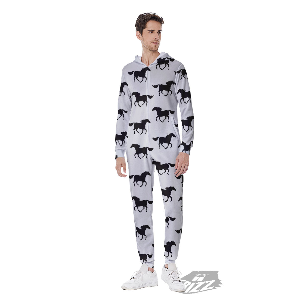 Horse White And Black Print Pattern Men's Jumpsuit-grizzshop