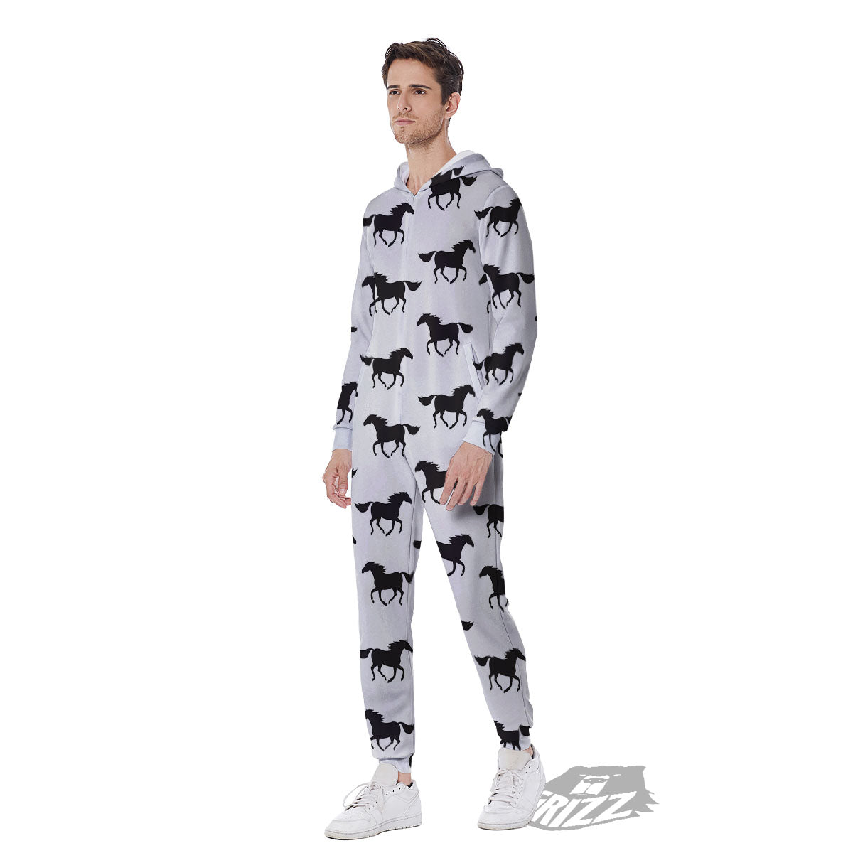 Horse White And Black Print Pattern Men's Jumpsuit-grizzshop