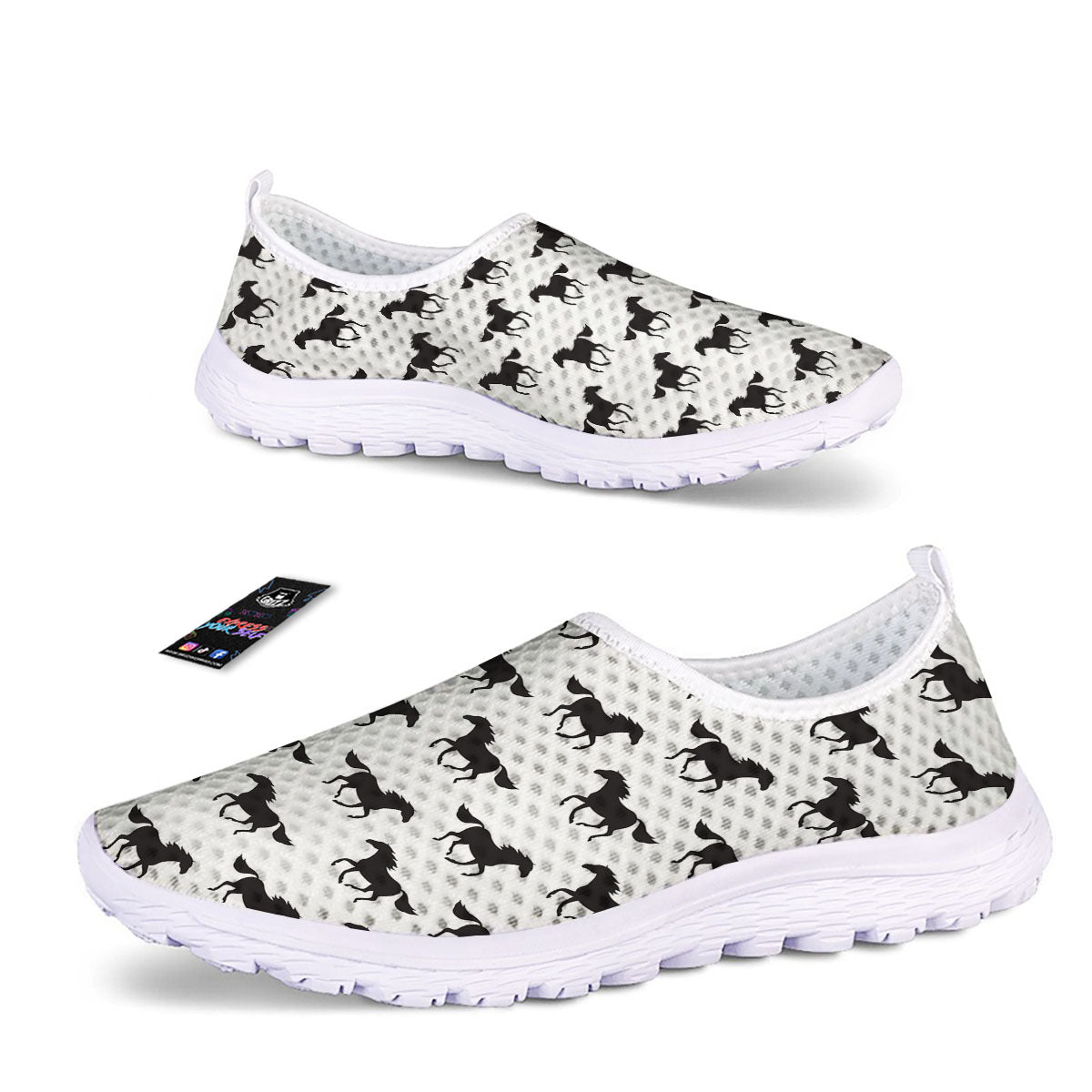 Horse White And Black Print Pattern Nurse Shoes-grizzshop