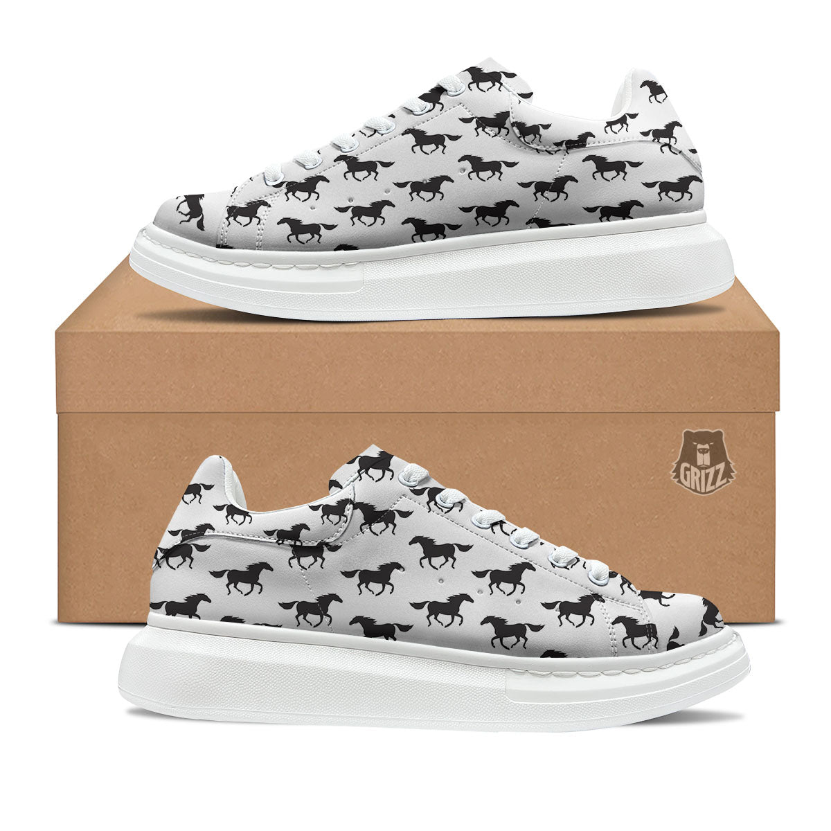 Horse White And Black Print Pattern Platform Shoes-grizzshop