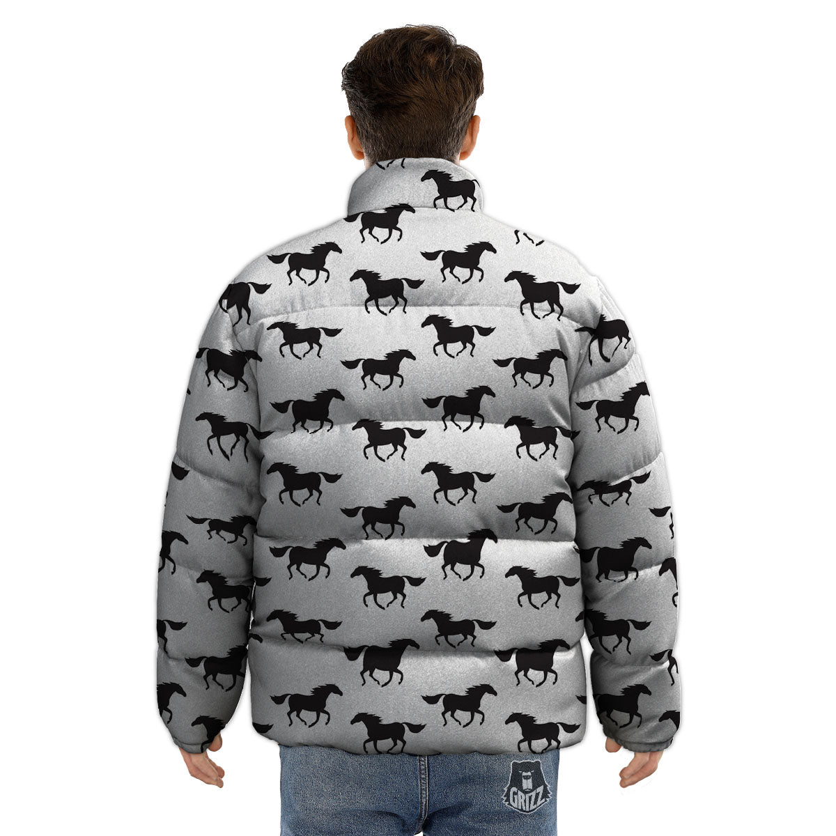 Horse White And Black Print Pattern Puffer Jacket-grizzshop