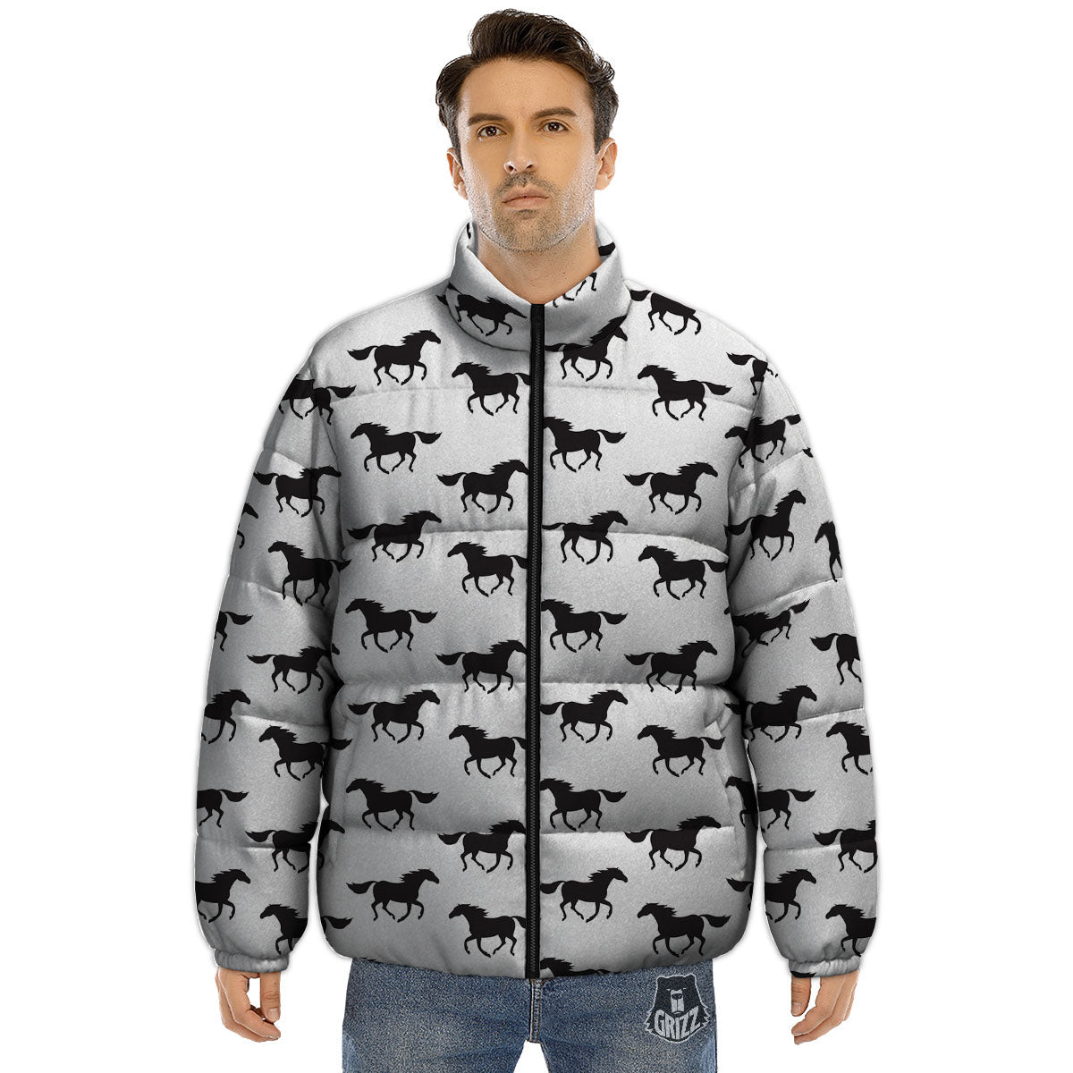 Horse White And Black Print Pattern Puffer Jacket-grizzshop