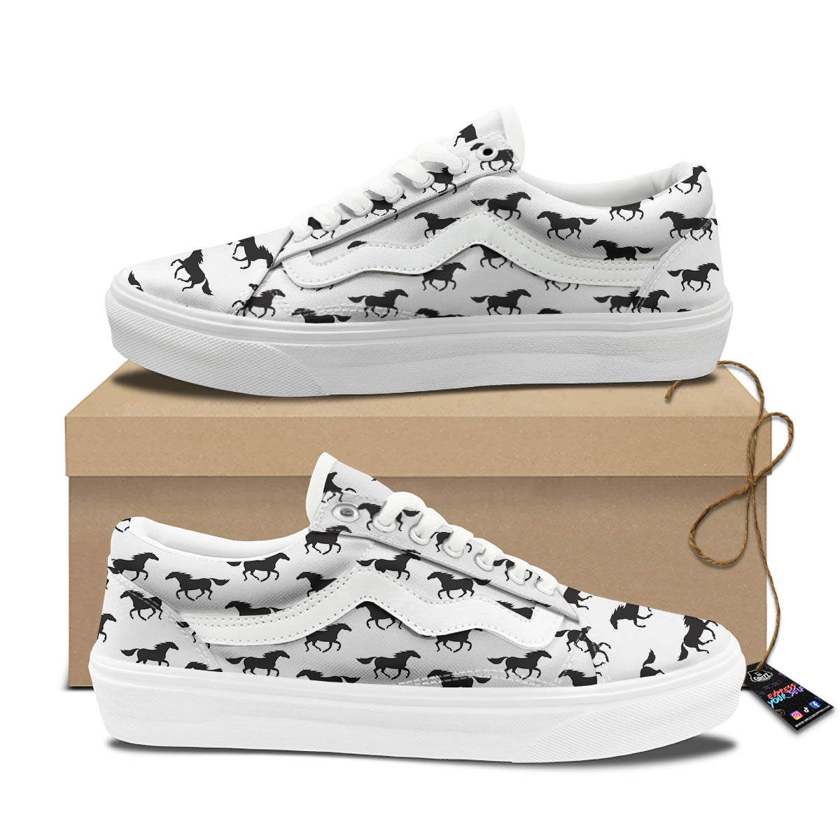 Horse White And Black Print Pattern Skate Shoes-grizzshop