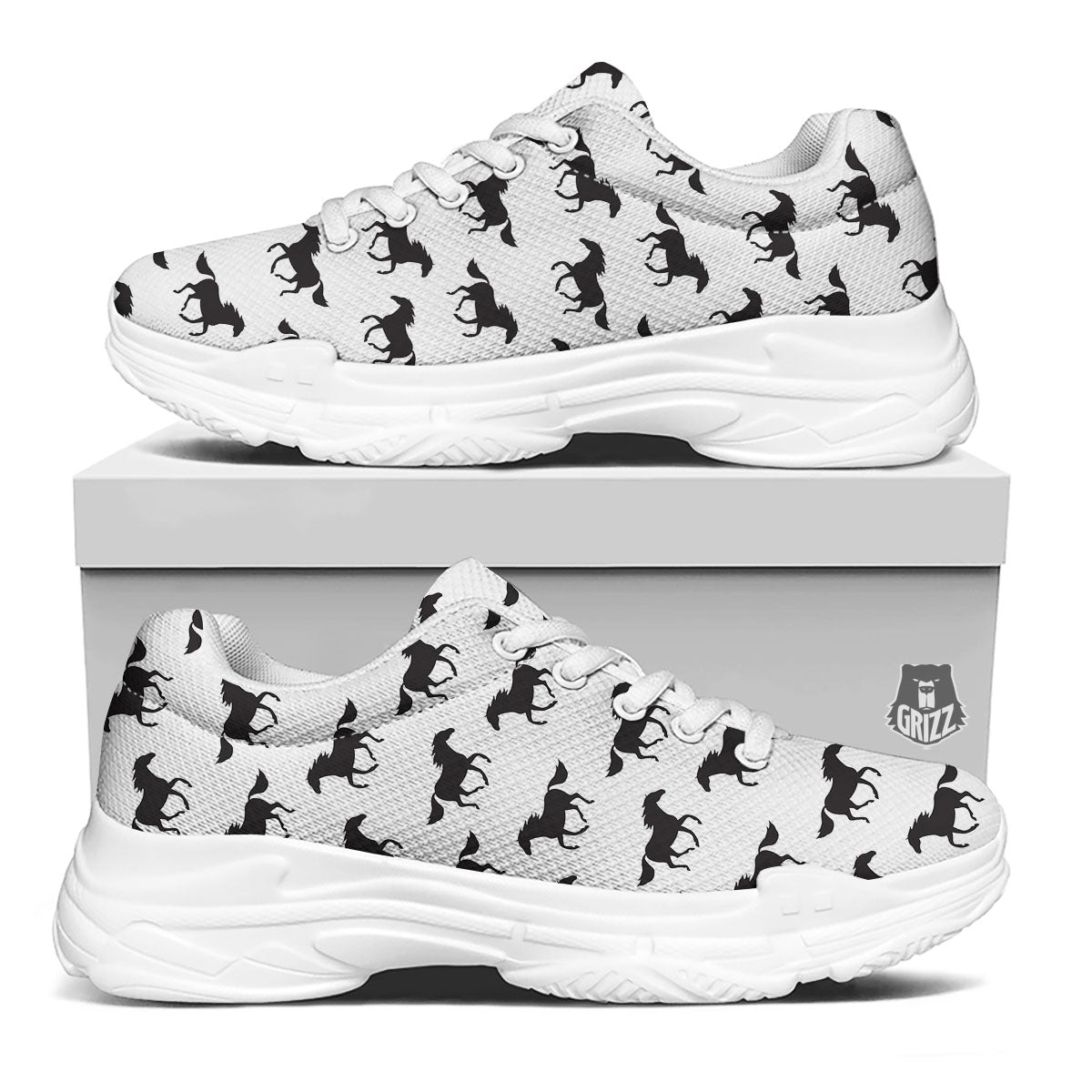 Horse White And Black Print Pattern White Chunky Shoes-grizzshop