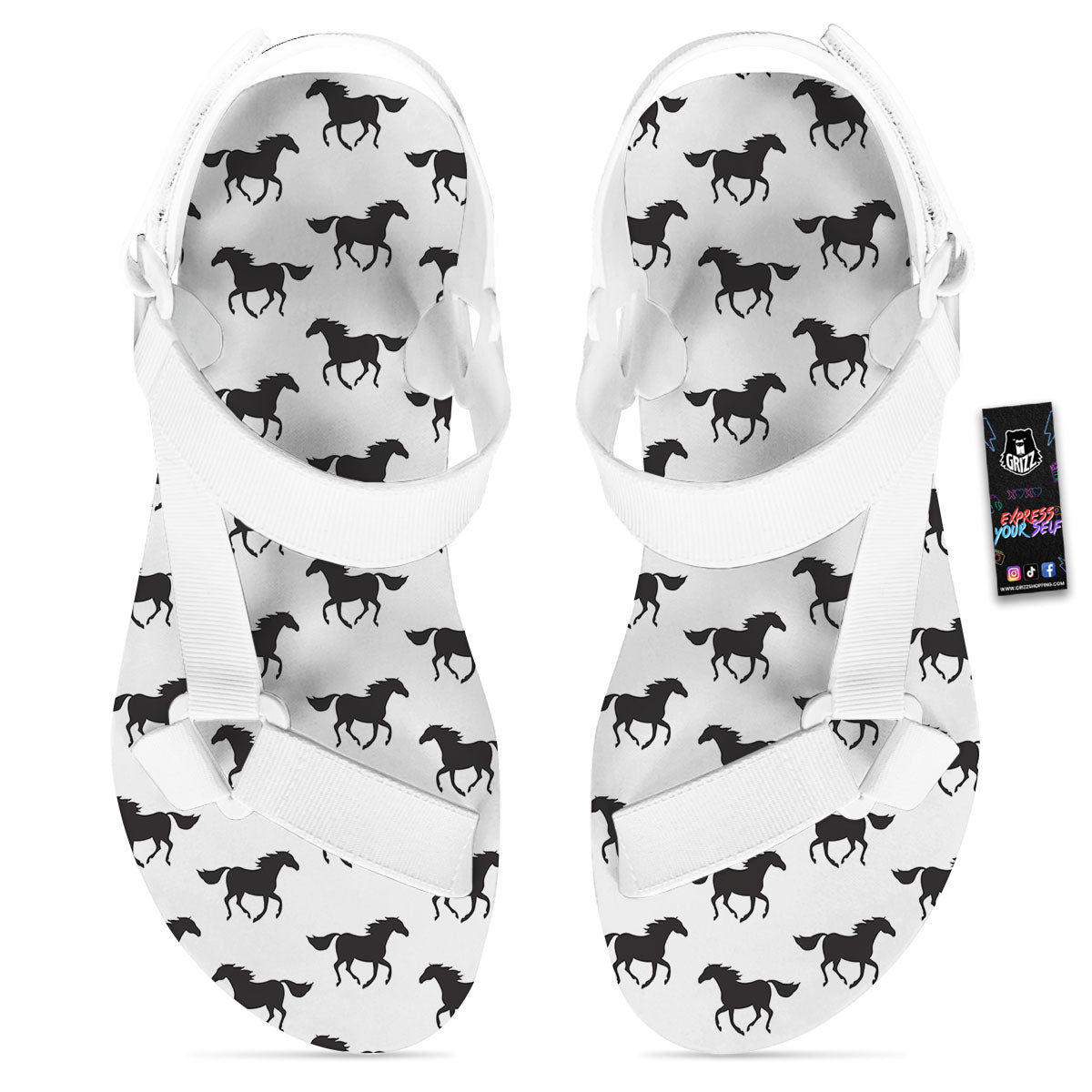 Horse White And Black Print Pattern White Open Toe Sandals-grizzshop