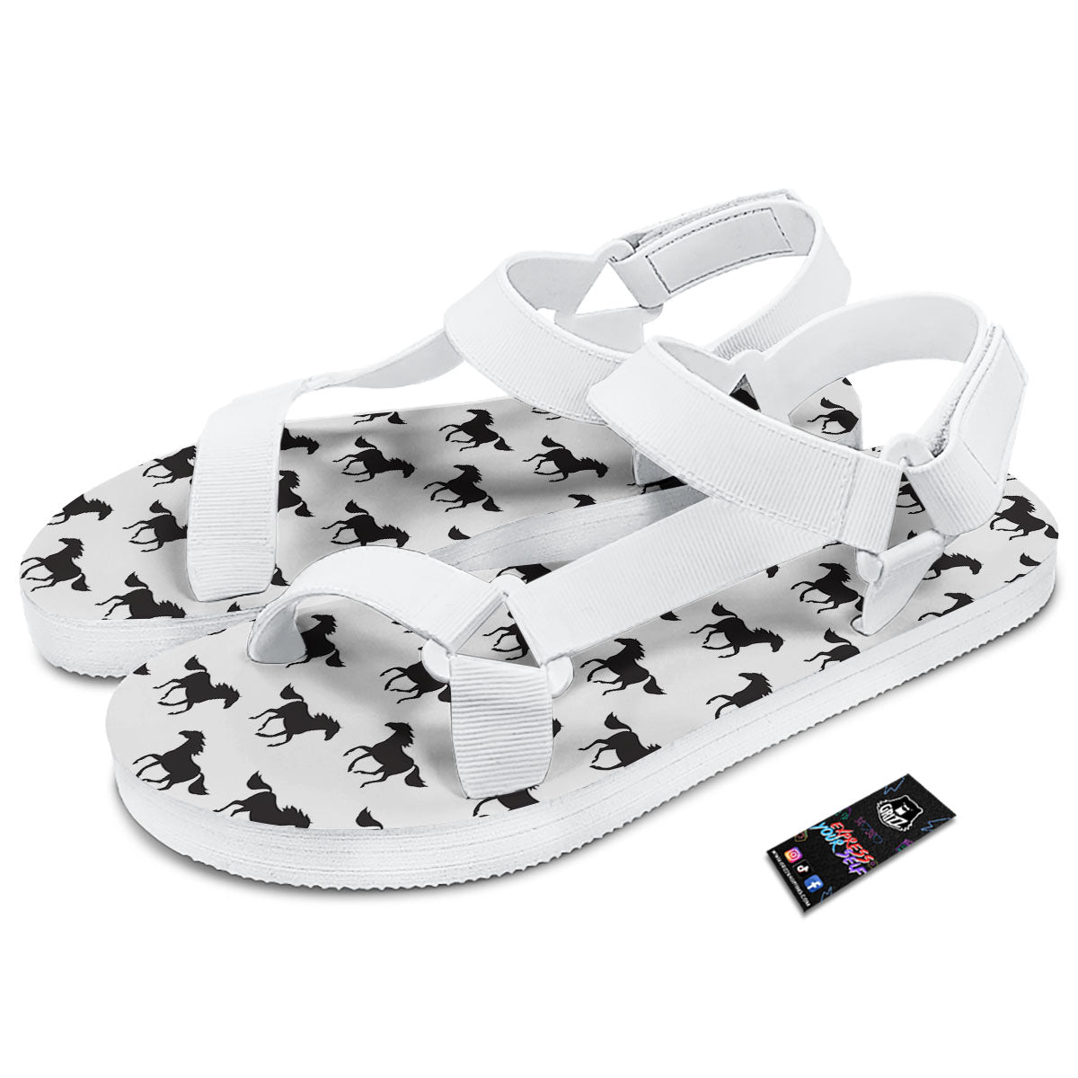 Horse White And Black Print Pattern White Open Toe Sandals-grizzshop