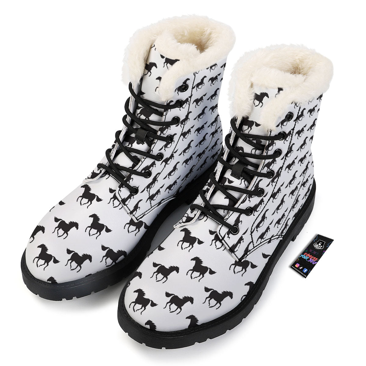 Horse White And Black Print Pattern Winter Boots-grizzshop