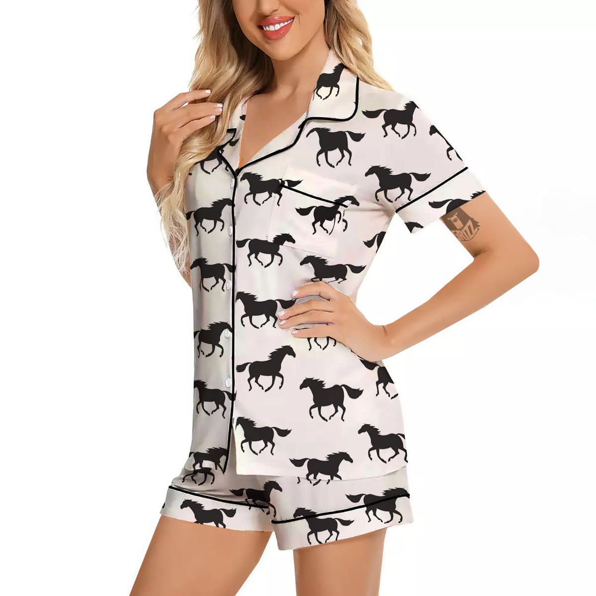 Horse White And Black Print Pattern Women Silk Pajamas-grizzshop