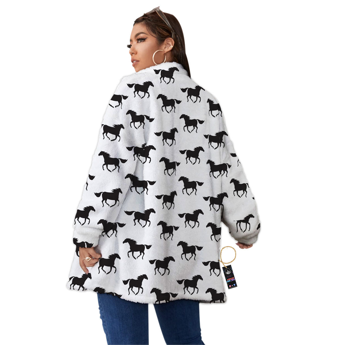 Horse White And Black Print Pattern Women's Sherpa Jacket-grizzshop