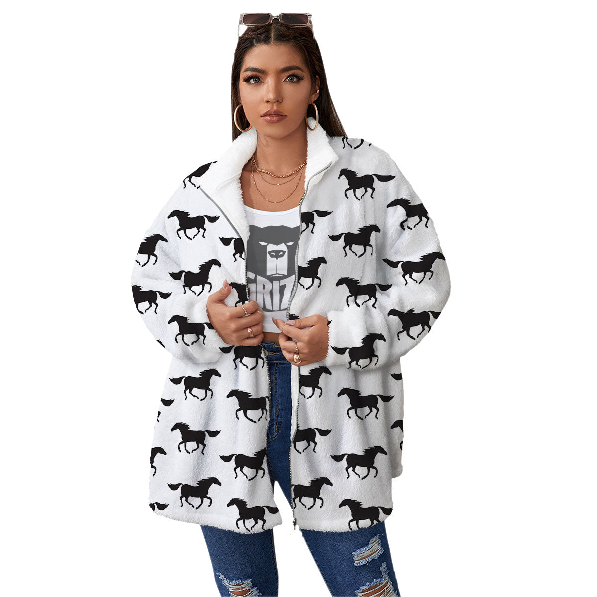Horse White And Black Print Pattern Women's Sherpa Jacket-grizzshop