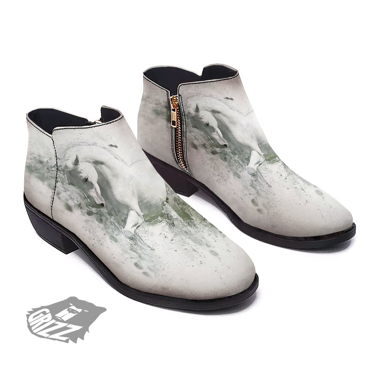 Horse White Stallion Print Ankle Boots-grizzshop