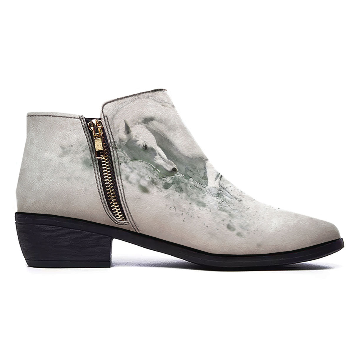 Horse White Stallion Print Ankle Boots-grizzshop