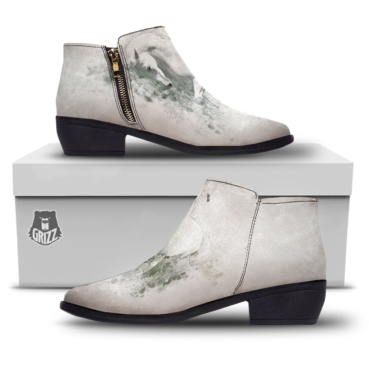 Horse White Stallion Print Ankle Boots-grizzshop