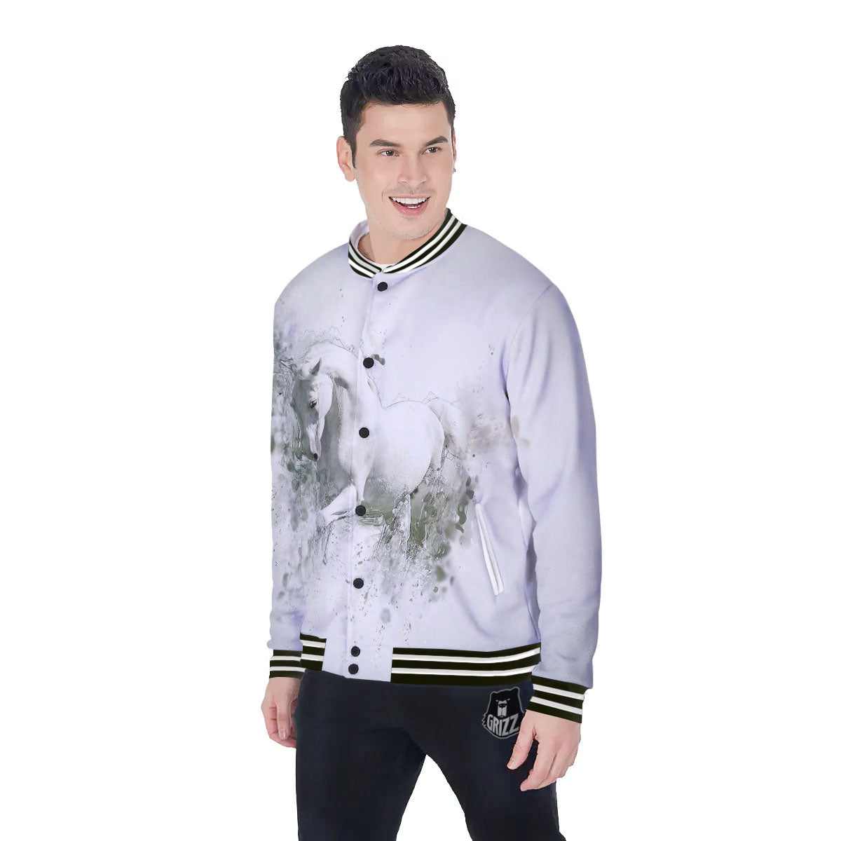 Horse White Stallion Print Baseball Jacket-grizzshop