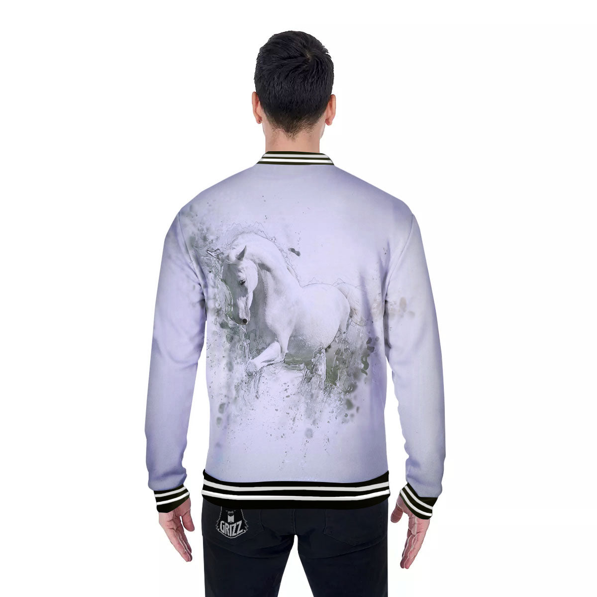 Horse White Stallion Print Baseball Jacket-grizzshop