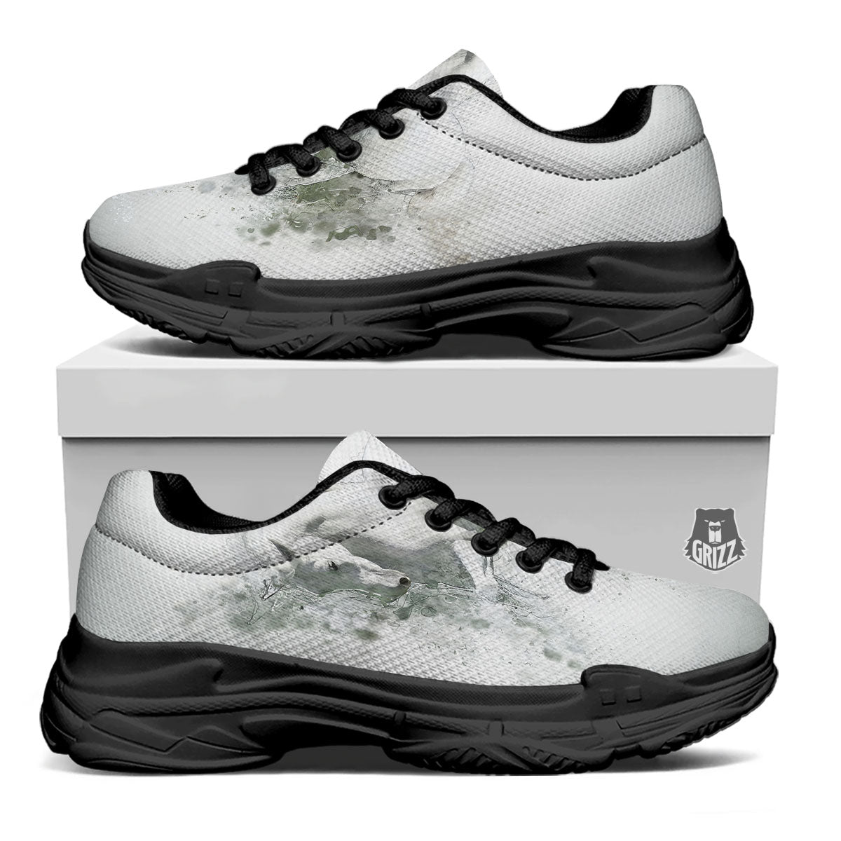 Horse White Stallion Print Black Chunky Shoes-grizzshop
