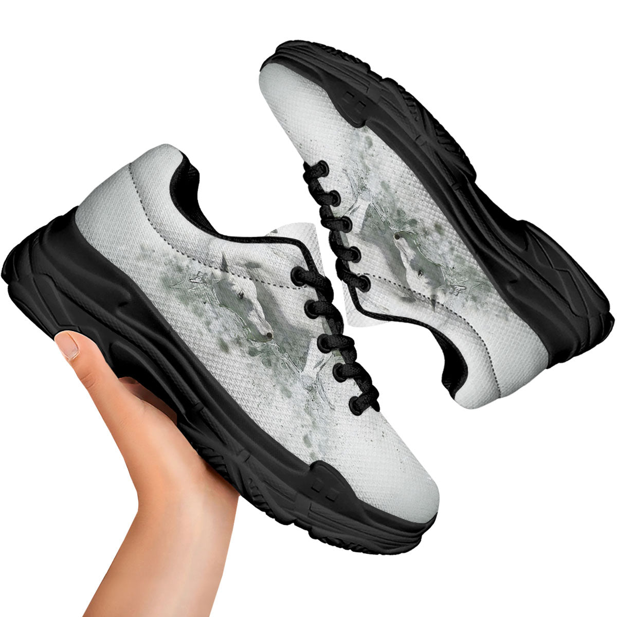 Horse White Stallion Print Black Chunky Shoes-grizzshop