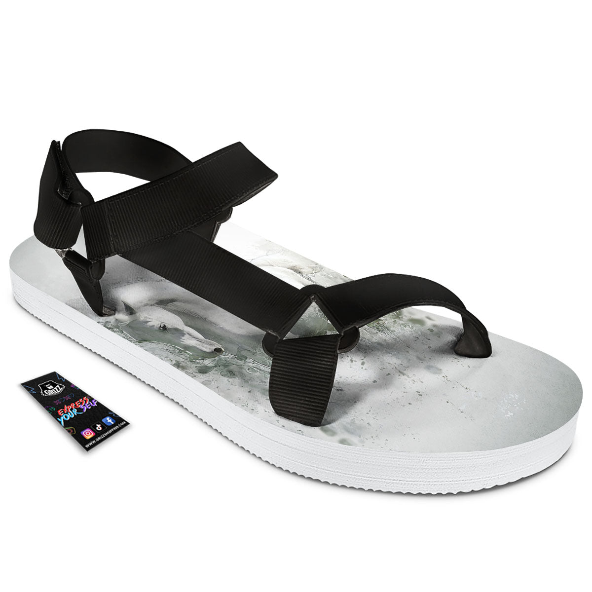 Horse White Stallion Print Black Open Toe Sandals-grizzshop