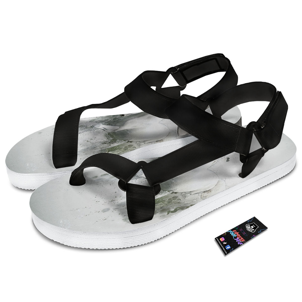 Horse White Stallion Print Black Open Toe Sandals-grizzshop