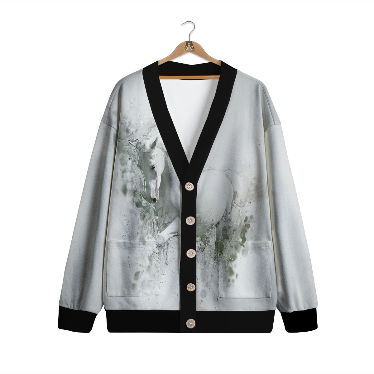 Horse White Stallion Print Cardigan-grizzshop