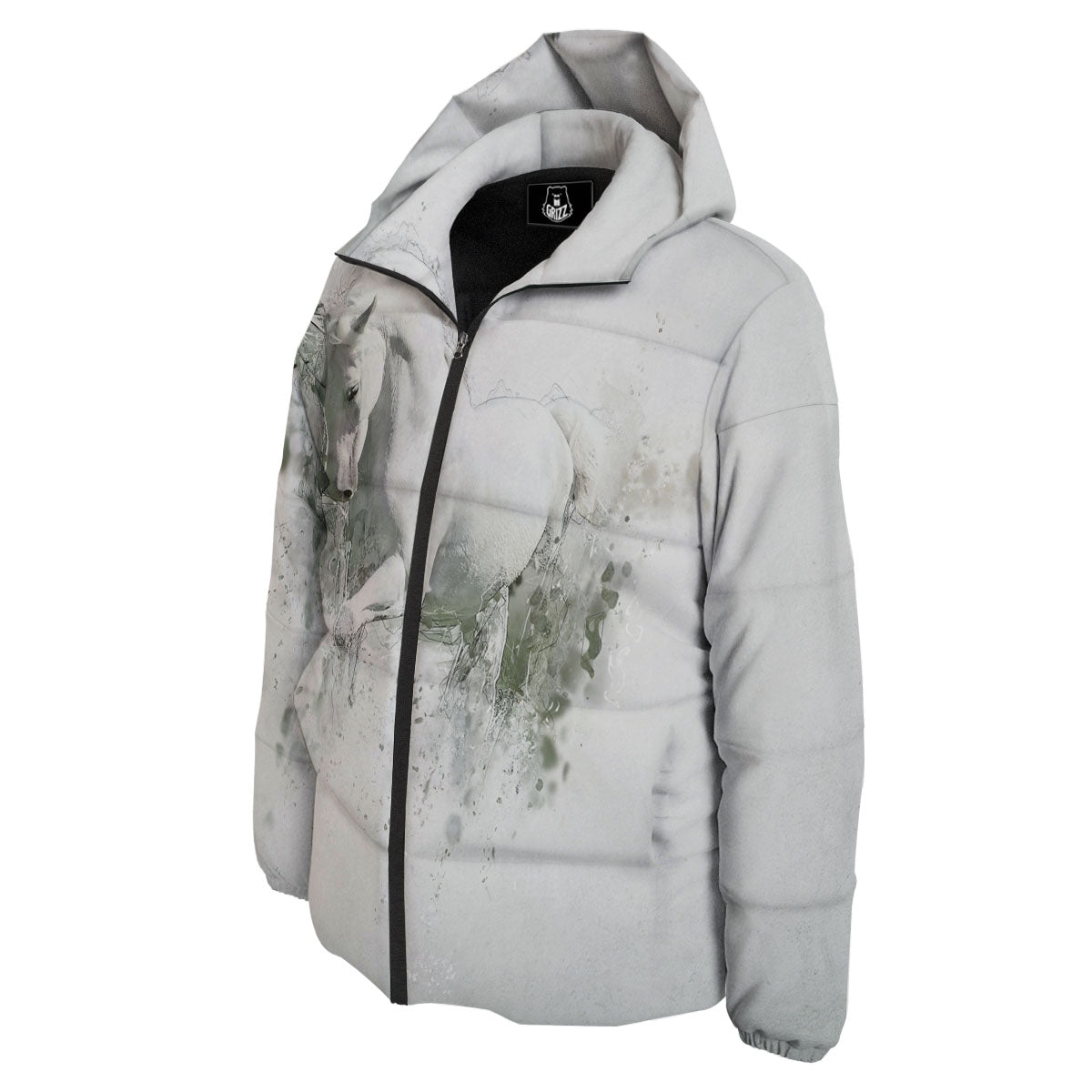 Horse White Stallion Print Down Jacket-grizzshop