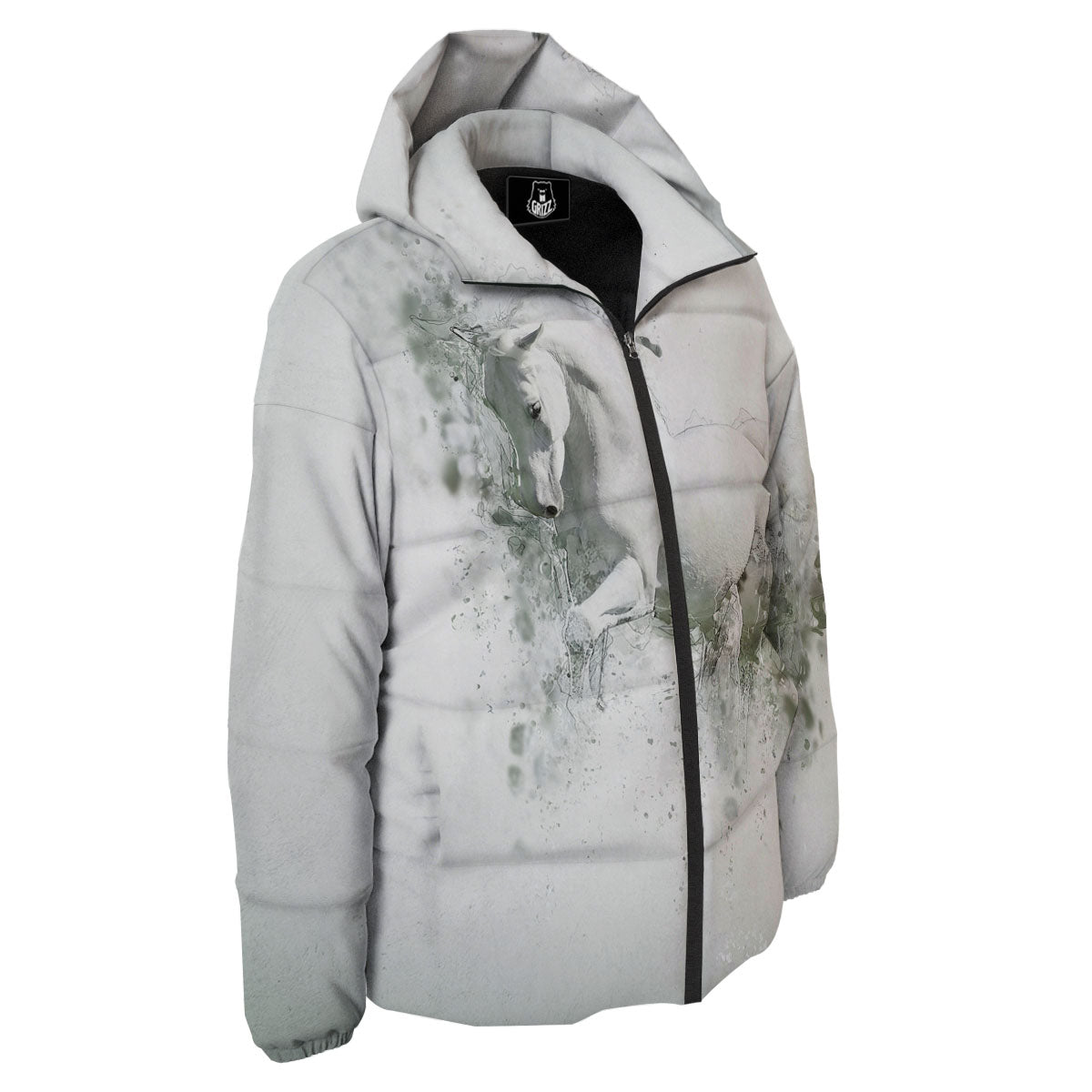 Horse White Stallion Print Down Jacket-grizzshop