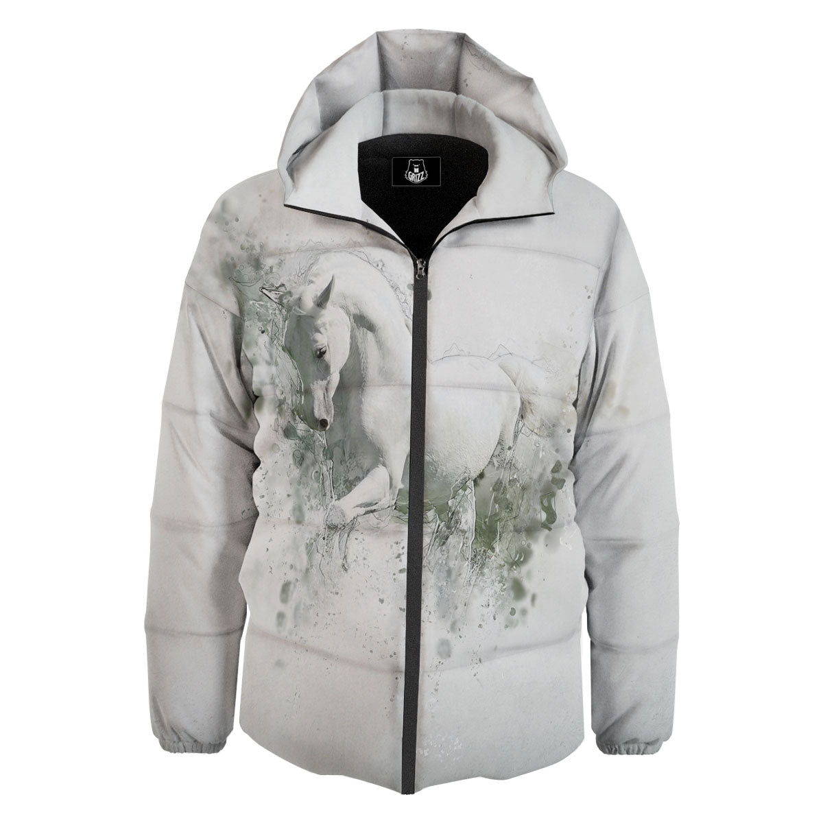 Horse White Stallion Print Down Jacket-grizzshop