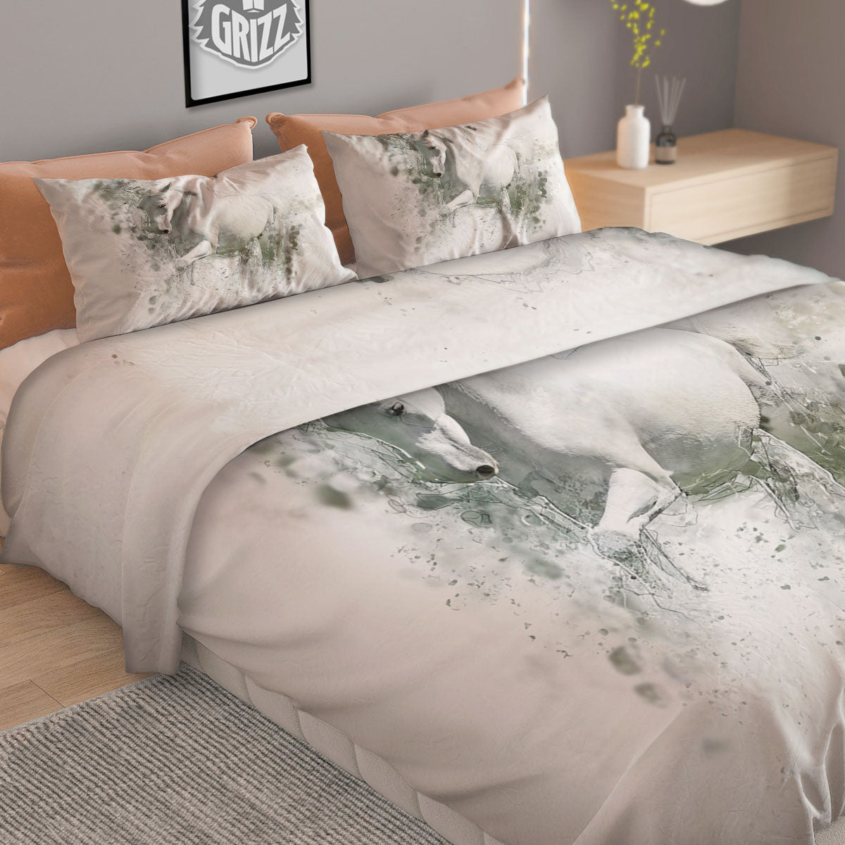 Horse White Stallion Print Duvet Cover Bedding Set