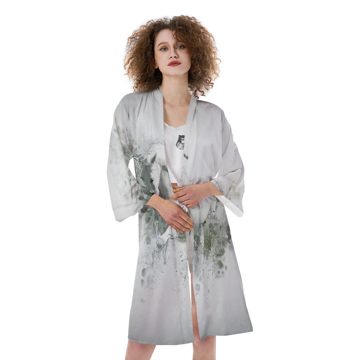 Horse White Stallion Print Kimono-grizzshop