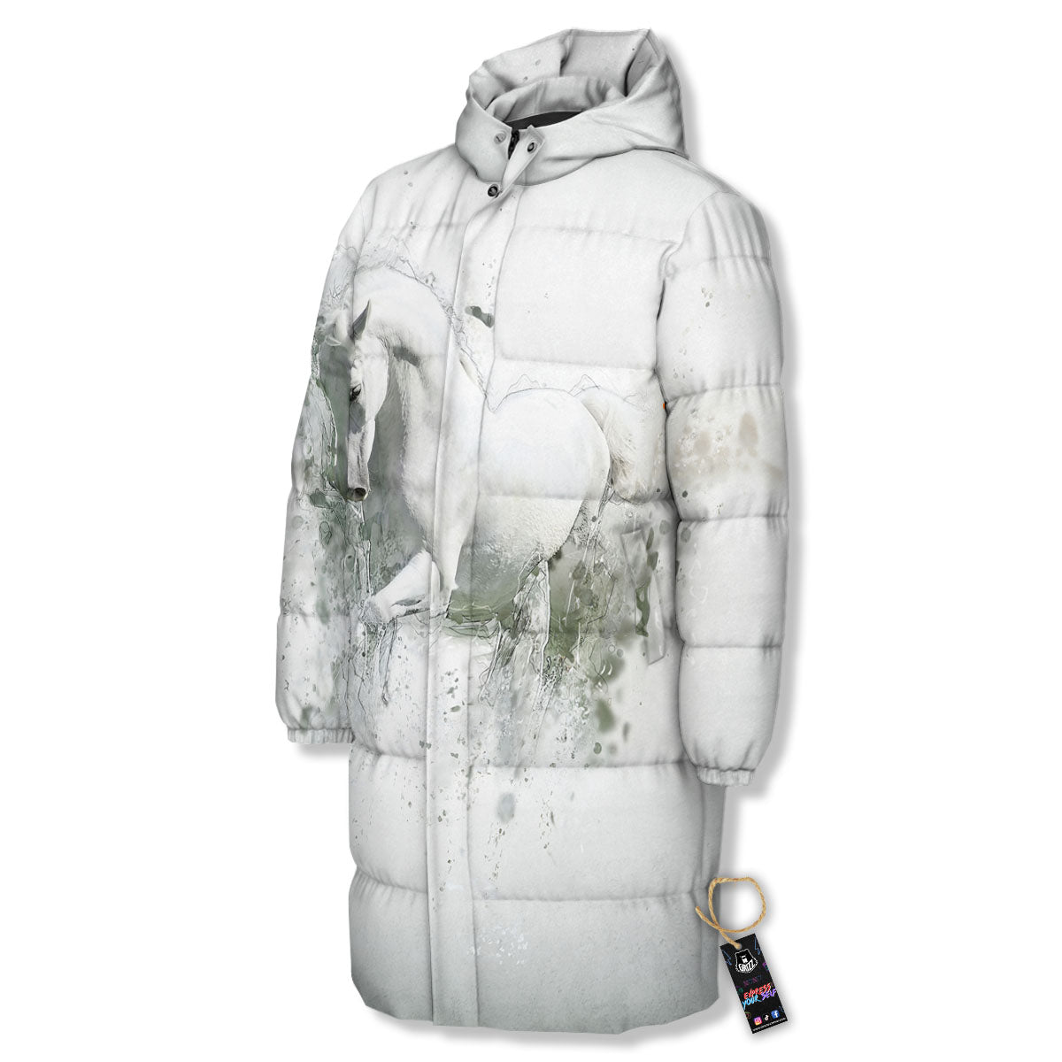 Horse White Stallion Print Long Down Jacket-grizzshop