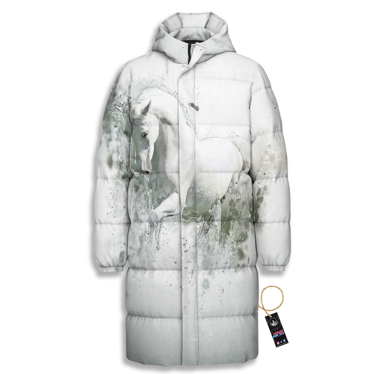 Horse White Stallion Print Long Down Jacket-grizzshop