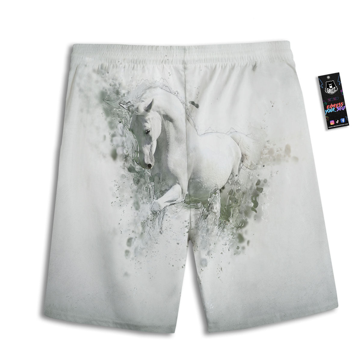 Horse White Stallion Print Men's Athletic Shorts