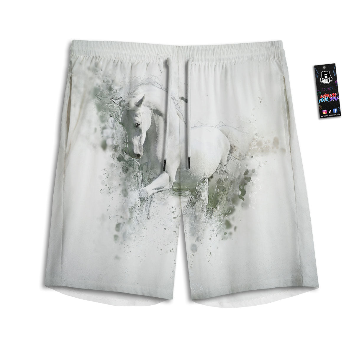 Horse White Stallion Print Men's Athletic Shorts