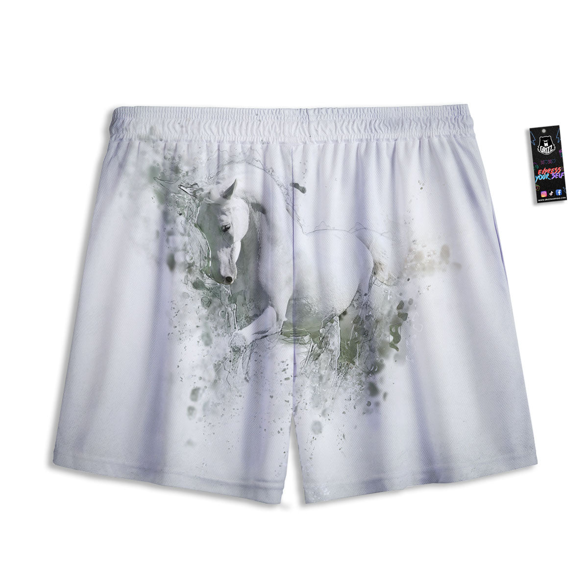 Horse White Stallion Print Mesh Shorts