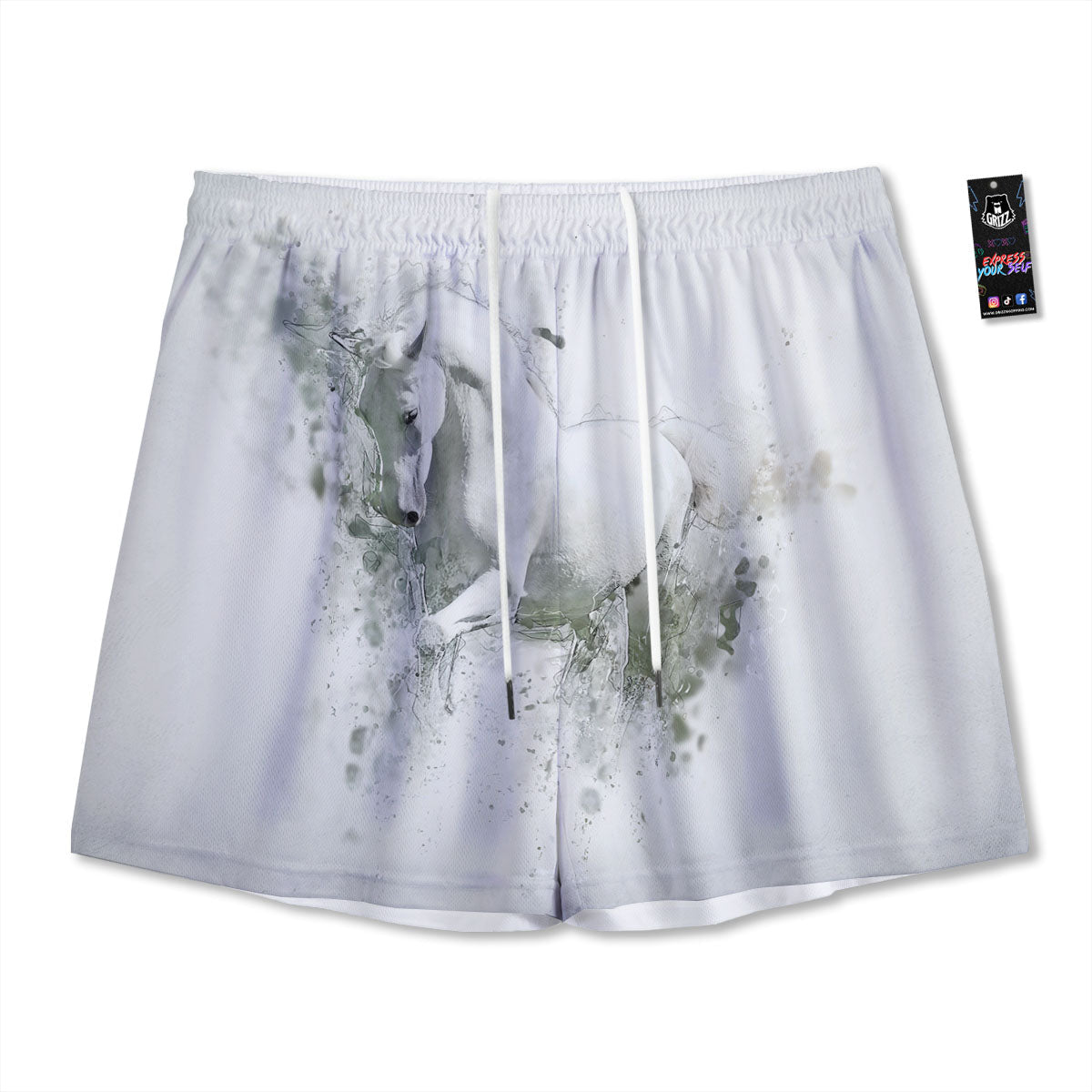 Horse White Stallion Print Mesh Shorts