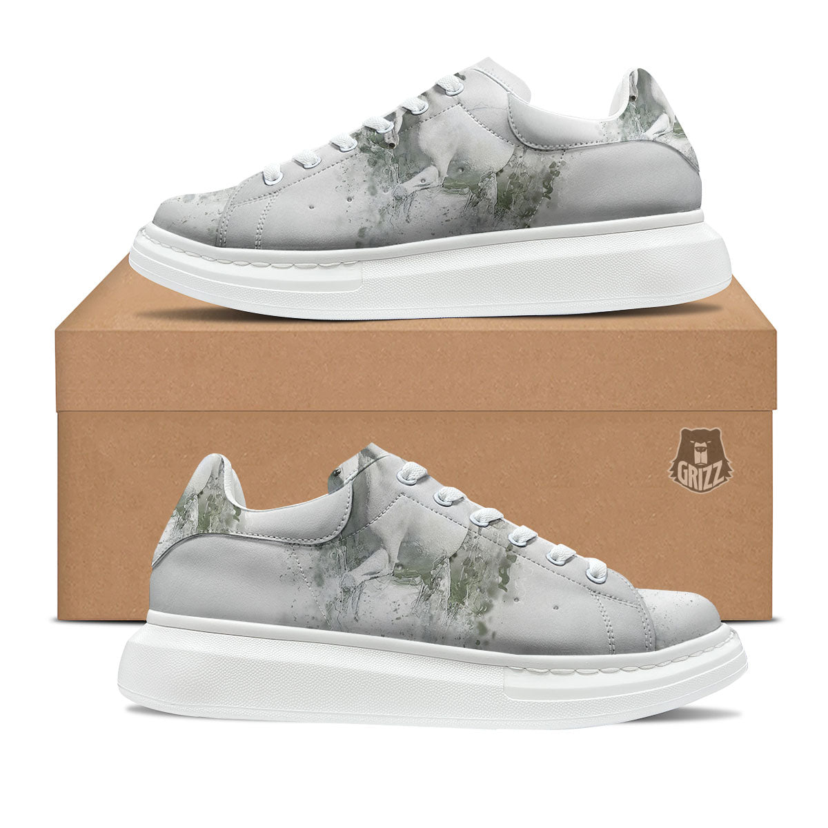 Horse White Stallion Print Platform Shoes-grizzshop