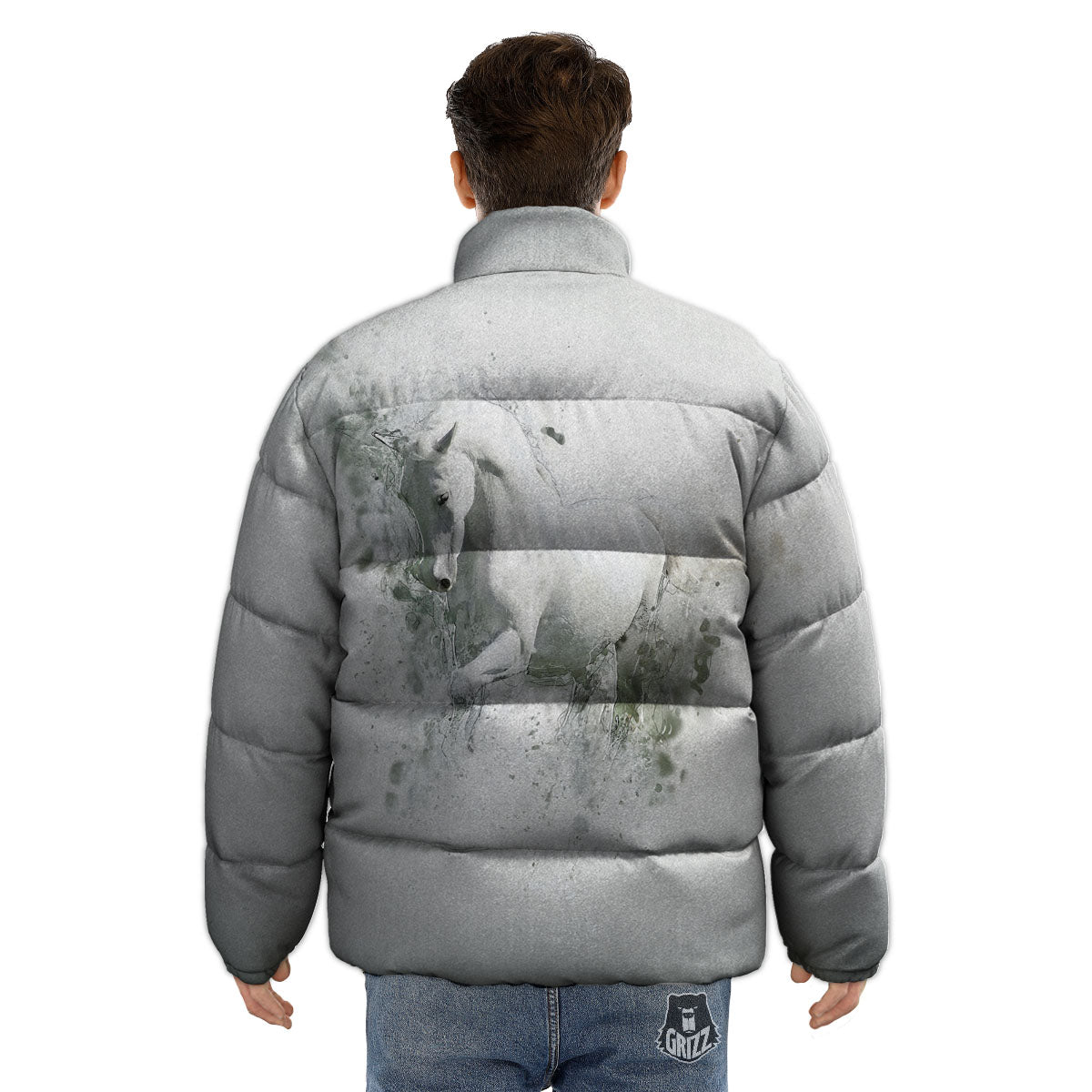 Horse White Stallion Print Puffer Jacket-grizzshop
