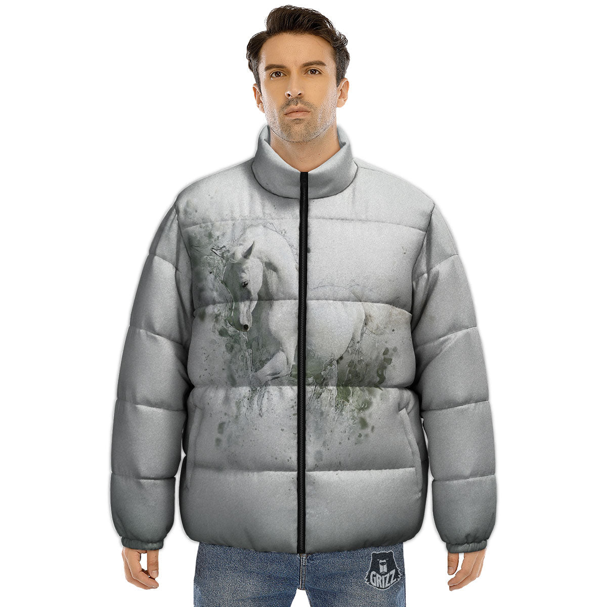 Horse White Stallion Print Puffer Jacket-grizzshop