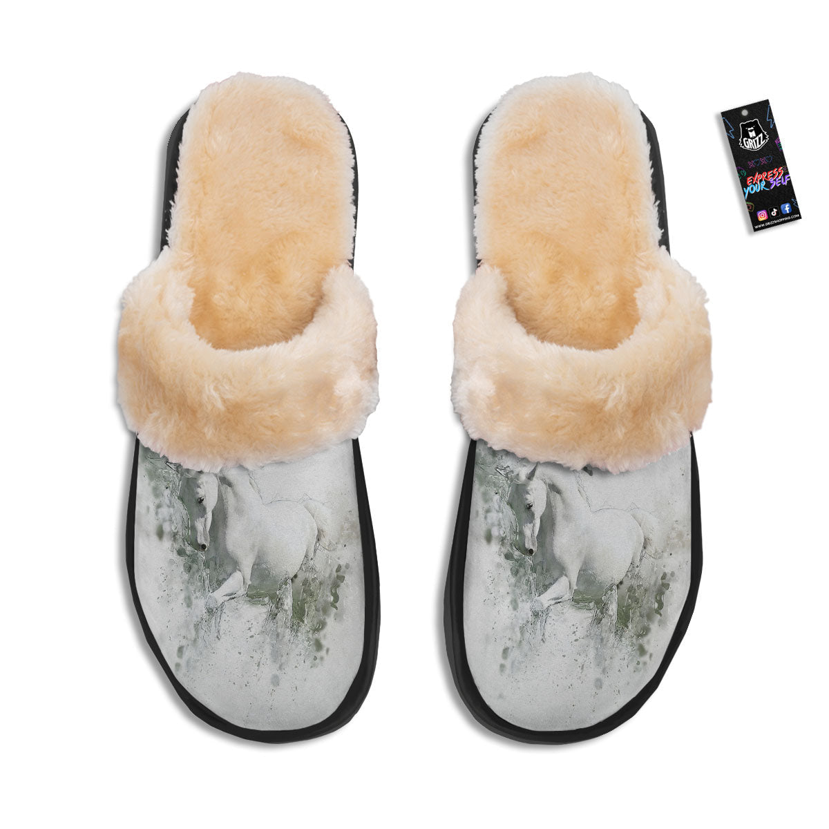 Horse White Stallion Print Slippers-grizzshop