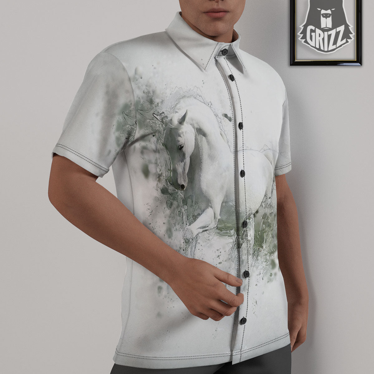 Horse White Stallion Print Untucked Shirts-grizzshop