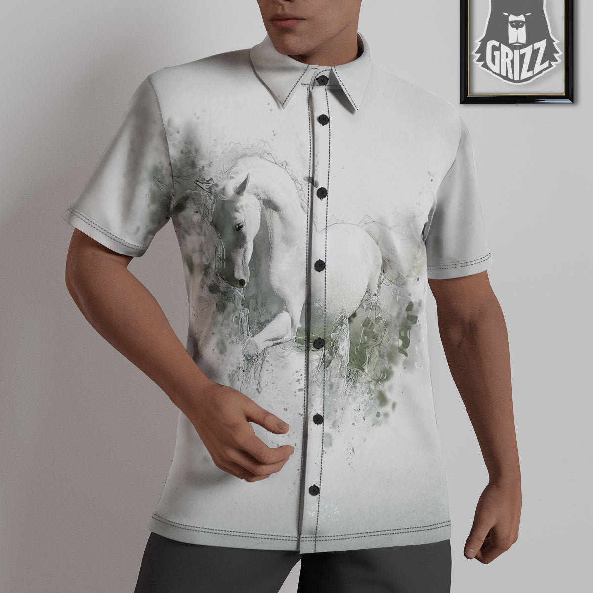 Horse White Stallion Print Untucked Shirts-grizzshop